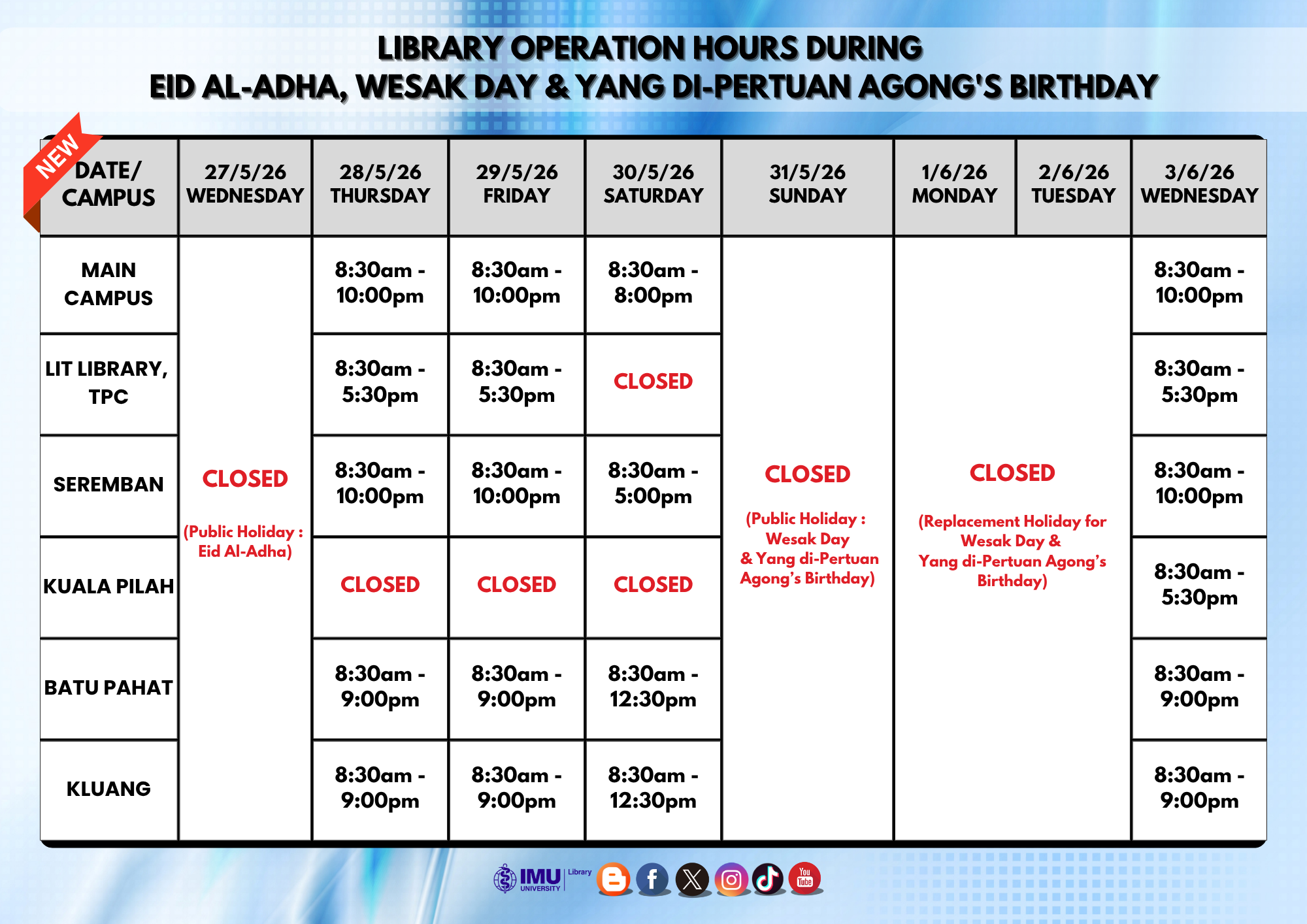  Library Operation Hours 2026
 
