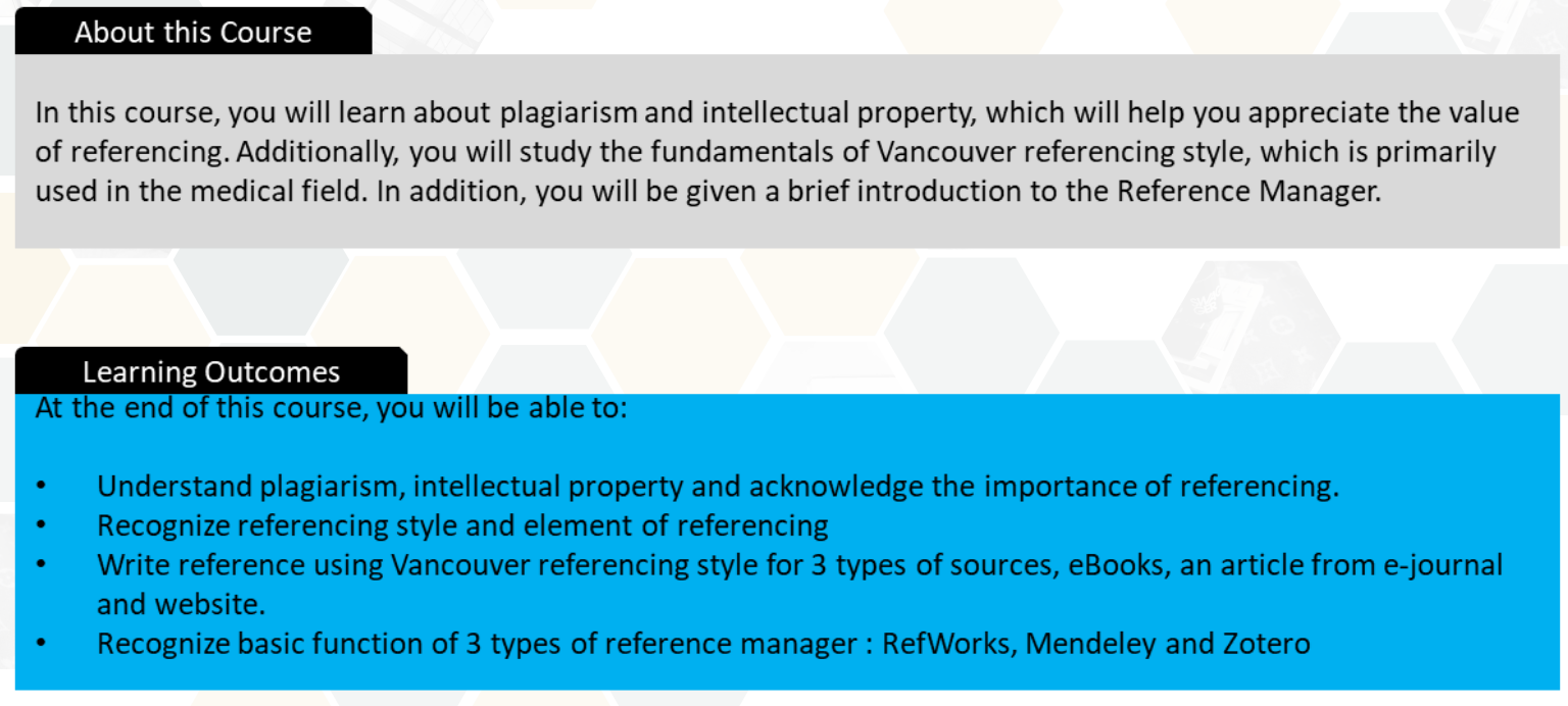 Here is the learning outcome for Module 7: Reference Citation